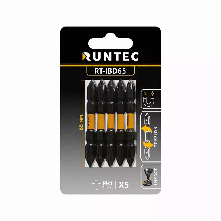 Бита ударная двусторонняя RUNTEC H6.35 65мм PH1/PH1 5шт.